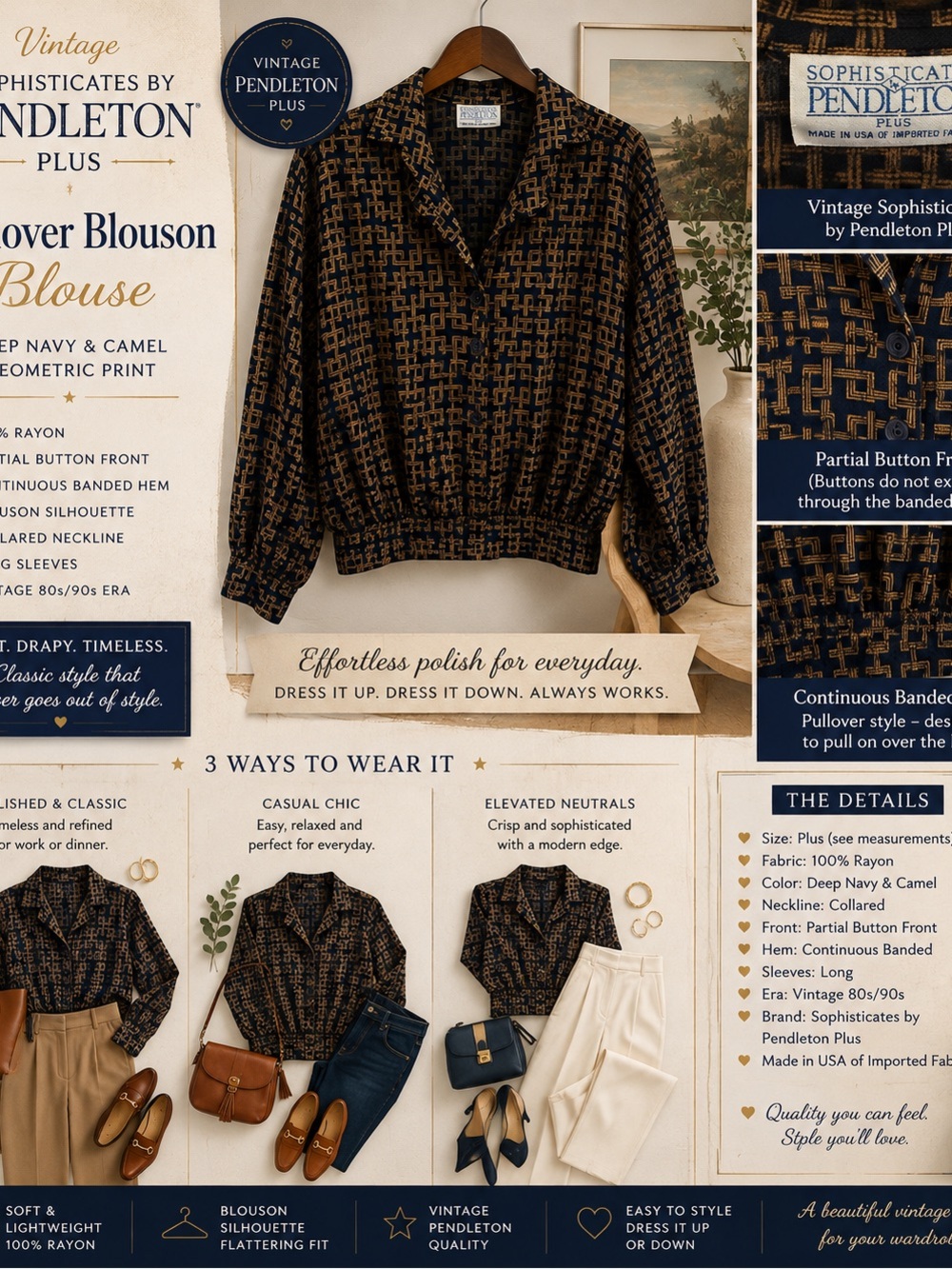 Pendleton Navy & Camel Geometric Blouson Top